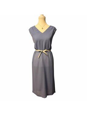 Classic Elegant 1980s Chiffon Slate Blue Vintage Midi Dress